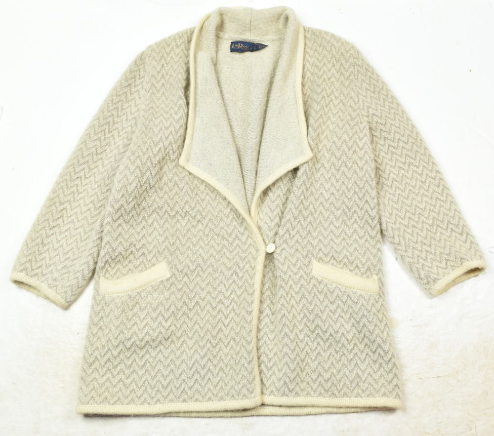 Vintage LeRoy Knitwear Mohair Cardigan Sweater Womens Large Cream Gray Chevron